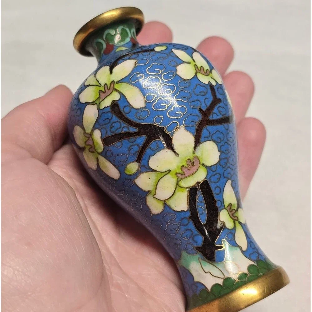 Cloisonne Cherry Blossom Flowers With Bird Blue Vintage Chinese Mini Vase